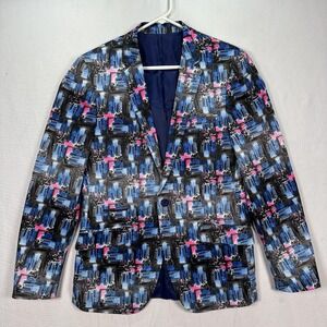 Suslo Couture Blazer‎ Jacket Mens Medium 40 Slim Fit Blue Pink City Print Party